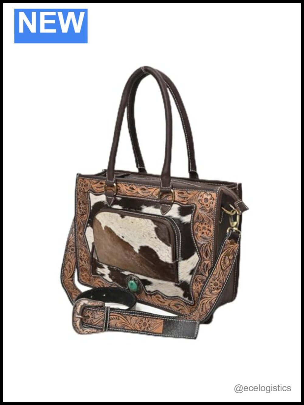 Genuine Leather Hair-On Cowhide Hand-Tooled Floral Satchel Purse